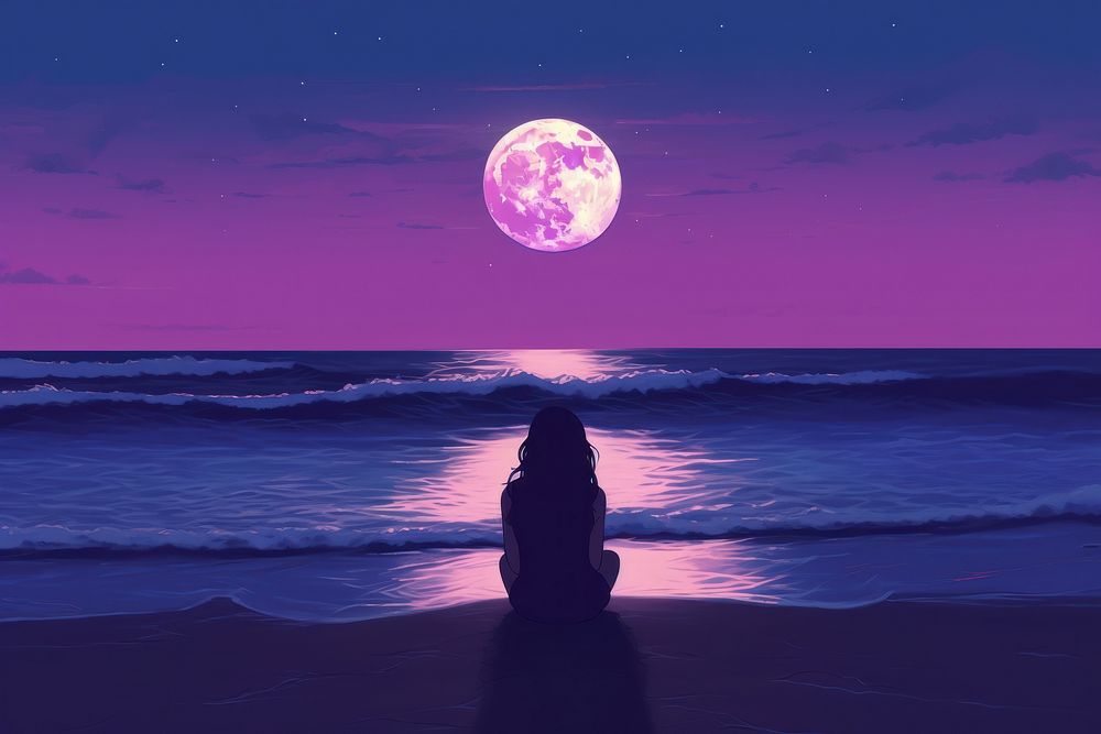 A woman sitting at the beach astronomy outdoors horizon.