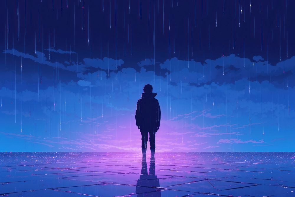 The person standing in the middle of the rain purple blue architecture.