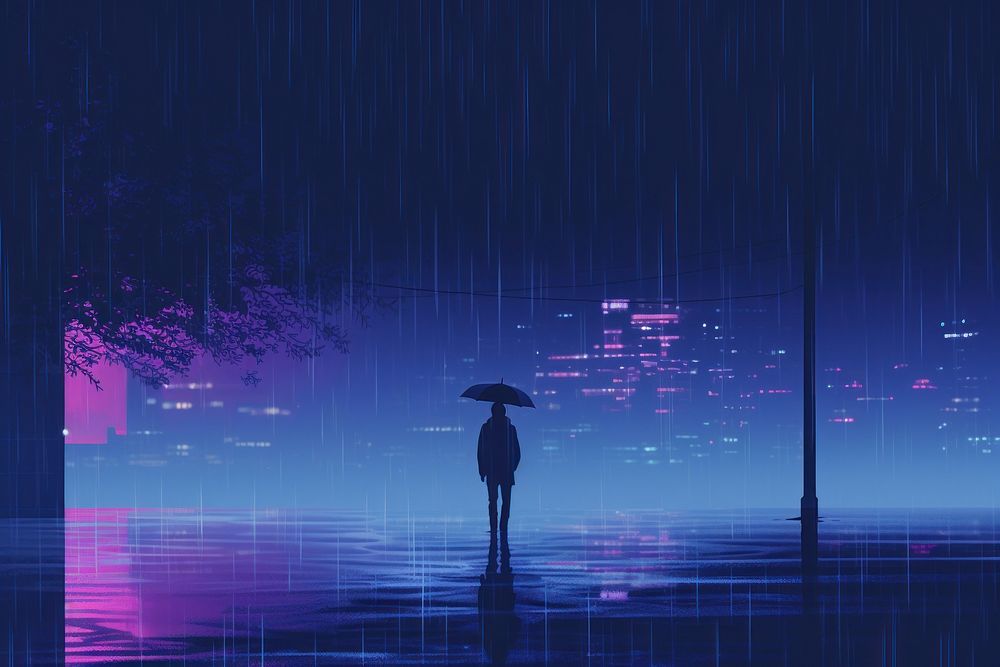 The person standing in the middle of the rain outdoors nature purple.