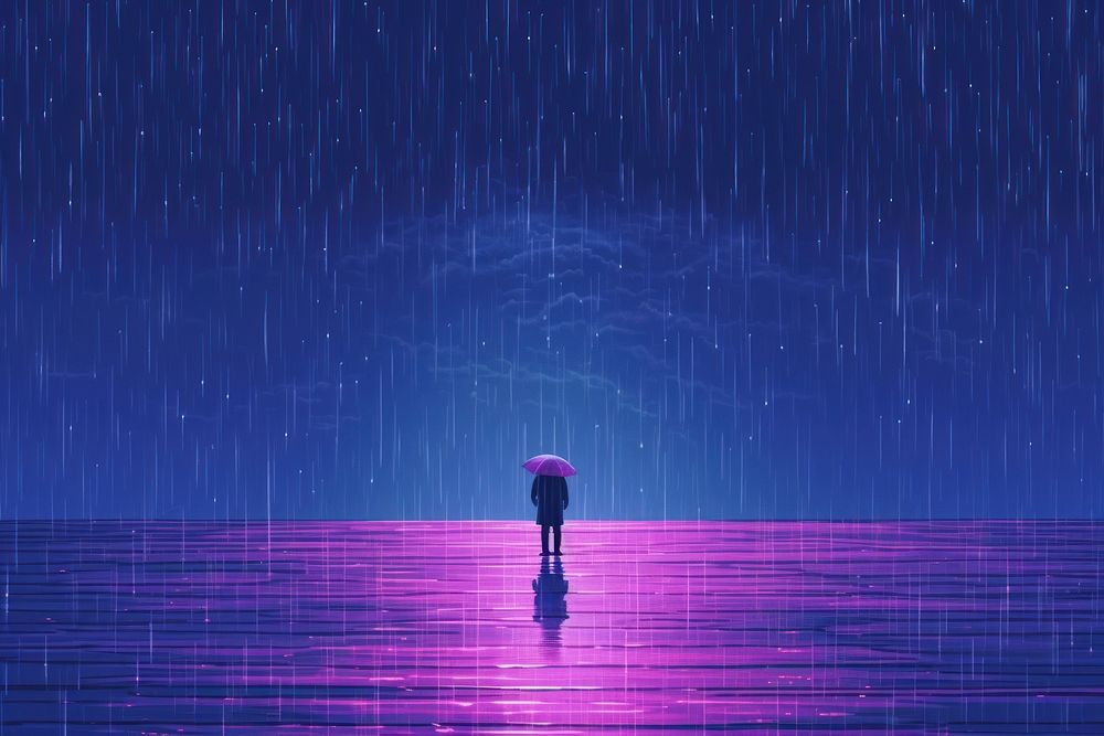 The person standing in the middle of the rain outdoors nature purple.