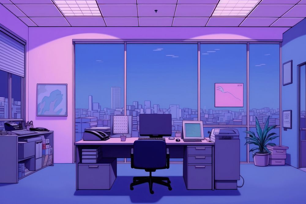 The office furniture computer purple.