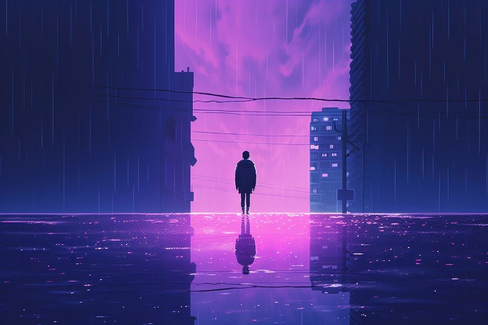 The person standing in the middle of the rain silhouette purple light.