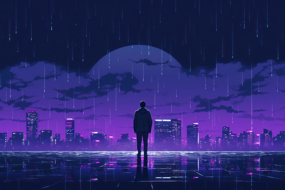 The person standing in the middle of the rain outdoors purple night.