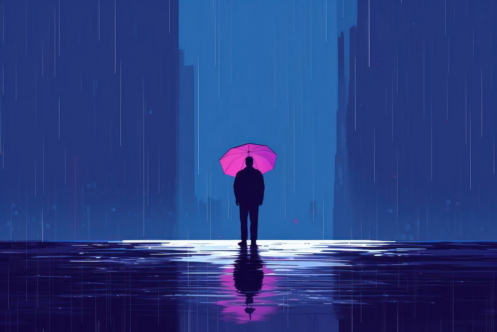 The person standing in the middle of the rain purple night architecture.