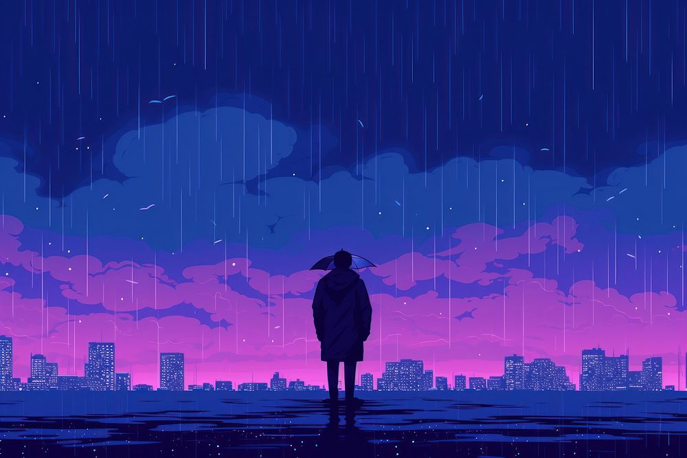 The person standing in the middle of the rain outdoors purple night.