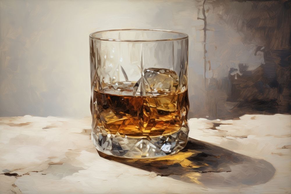 Oil painting of a clsoe up on whisky glass drink refreshment drinkware.