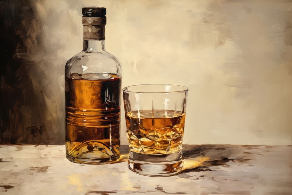 Oil painting of a close up on whisky glass and bottle drink refreshment drinkware.