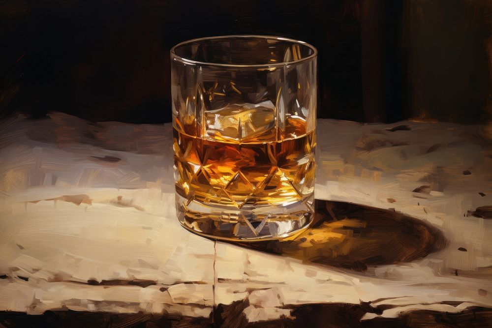 Oil painting of a clsoe up on whisky glass drink refreshment drinkware.
