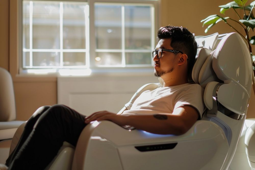 Asian man sitting at electric massage chair glasses accessories relaxation.