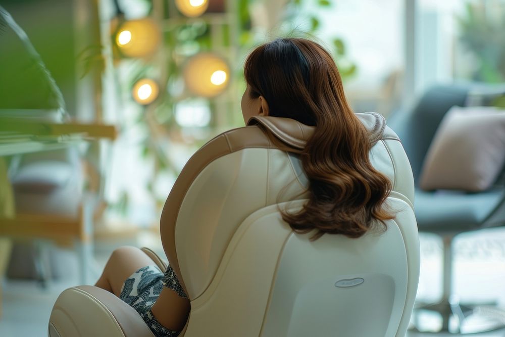 Woman sitting at electric massage chair adult contemplation relaxation.