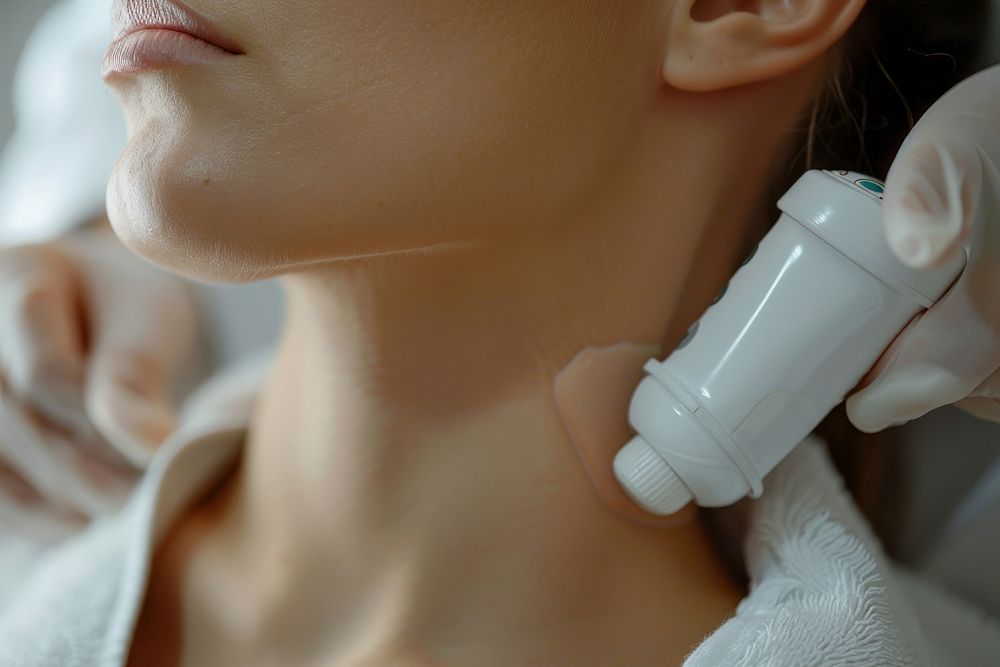 Close up photo of woman neck with shockwave theraphy adult technology medication.