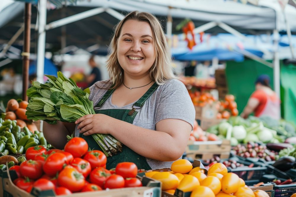 Chubby woman buy fresh vegetables at farmer market outdoors adult food.