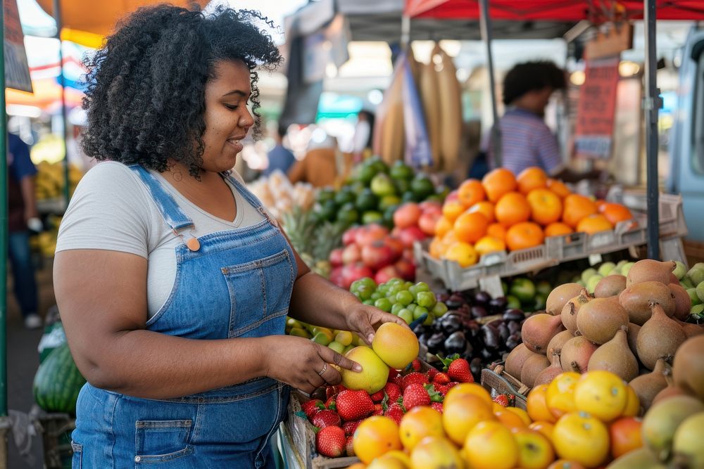 Chubby woman selecting fresh fruits at outdoor farmer market outdoors adult transportation.