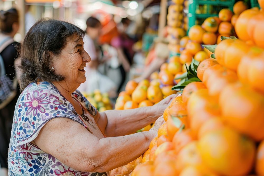 Chubby woman selecting oranges at outdoor market outdoors fruit adult.