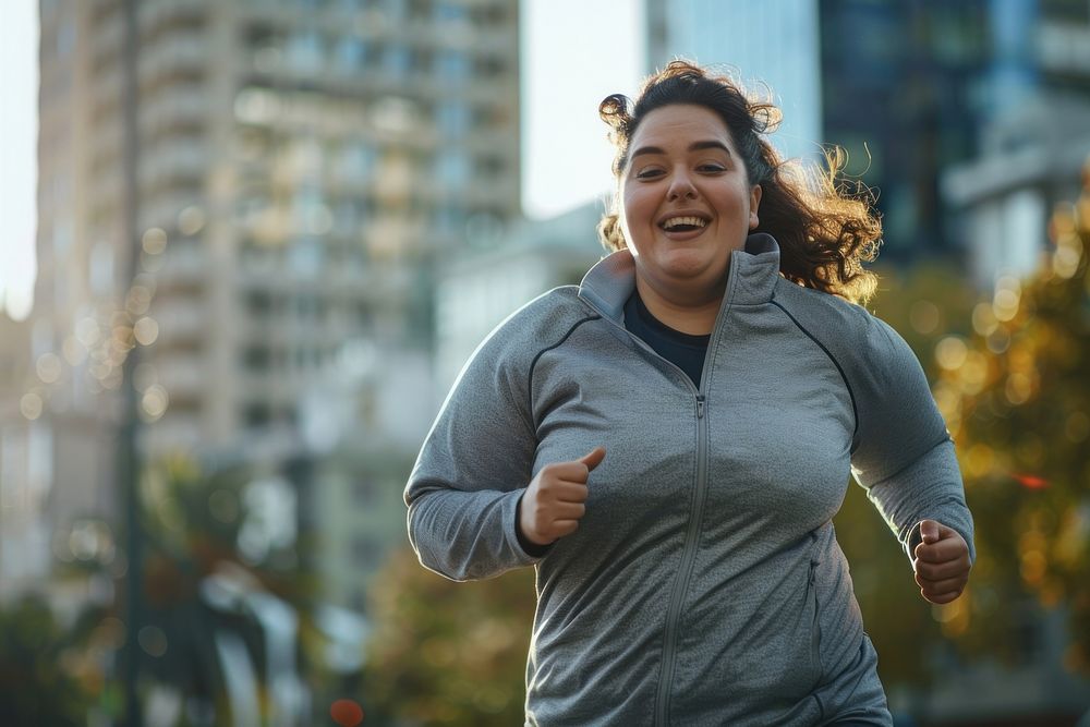 Happy chubby woman jogging in city running adult head.