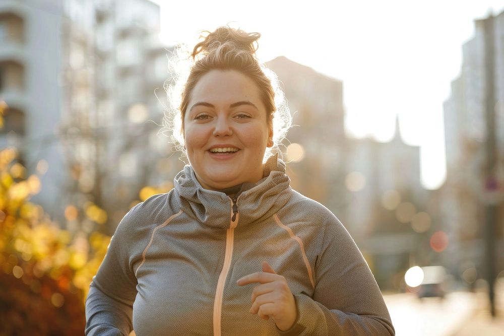 Happy chubby woman jogging in city smile adult head.