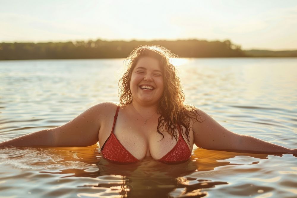Happy chubby woman standing in water outdoors nature swimming.