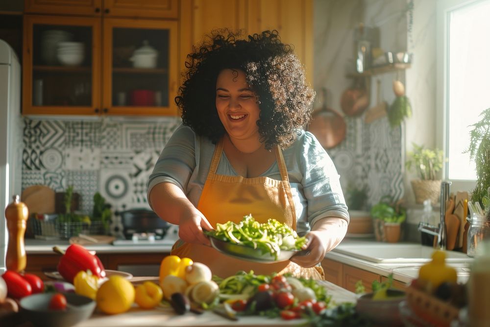 Young happy chubby woman prepare salad kitchen adult food.
