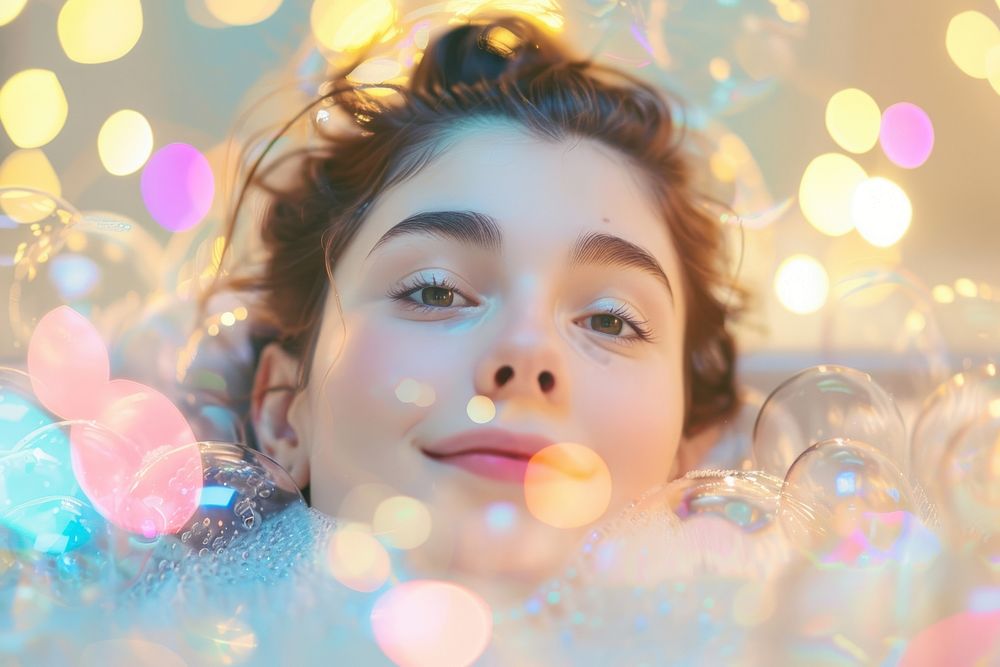 Relaxed woman in bubble bathtub portrait photo contemplation.