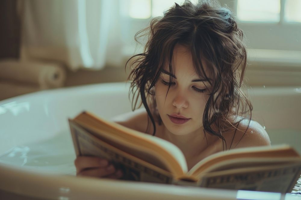 Relaxed woman reading a book in bathtub publication contemplation relaxation.