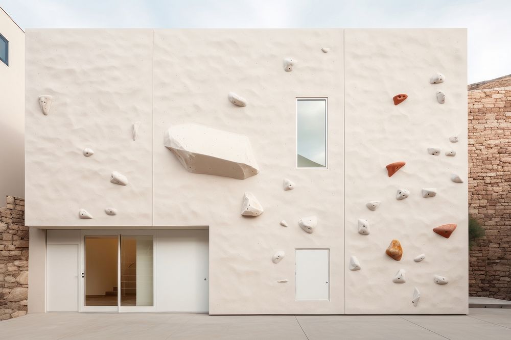 Minimal house feature a rock climbing wall and light-filled brick facade architecture building entrance.