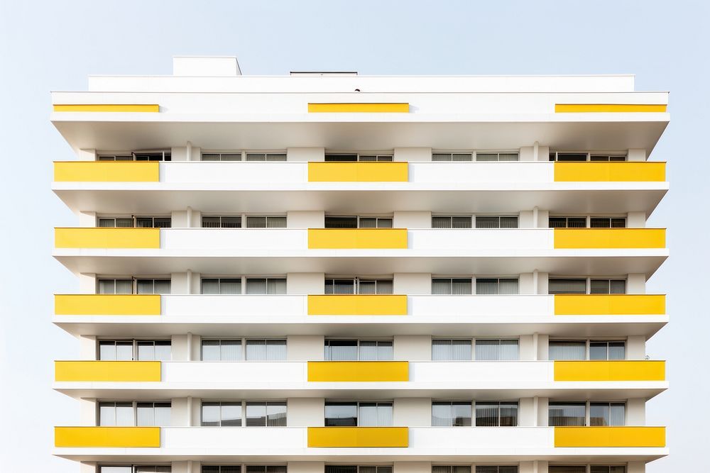 Minimal white aparment a lot of yellow windows architecture building city.