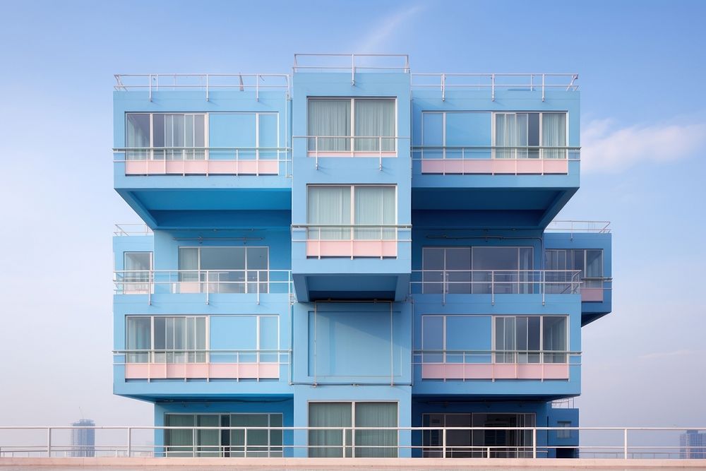 Navy pastel color minimal cube hotel in singapore architecture building balcony.