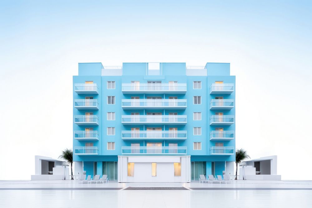 Baby blue pastel color minimal cube hotel in singapore architecture building city.