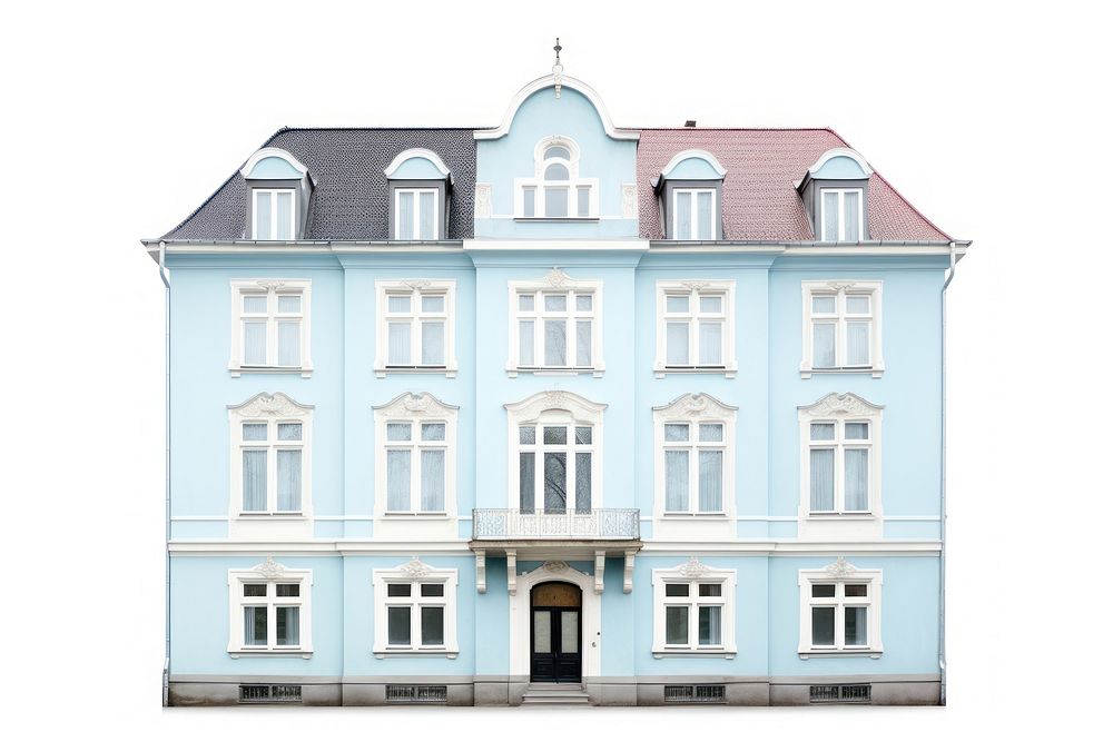 Baby blue pastel color minimal apartment in sweden architecture building window.