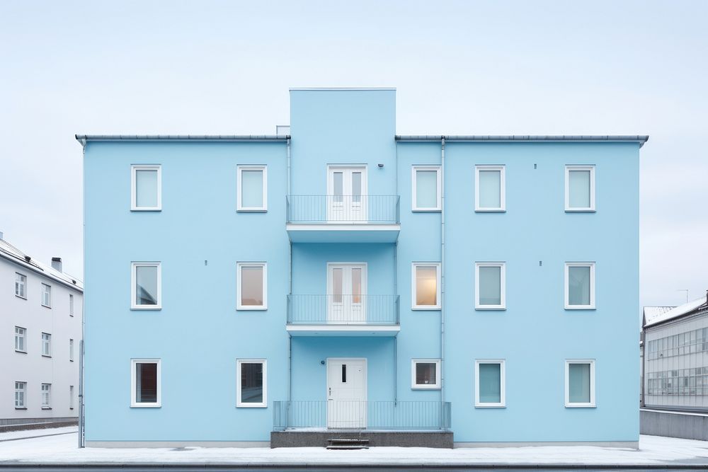 Baby blue pastel color minimal apartment in sweden architecture building house.