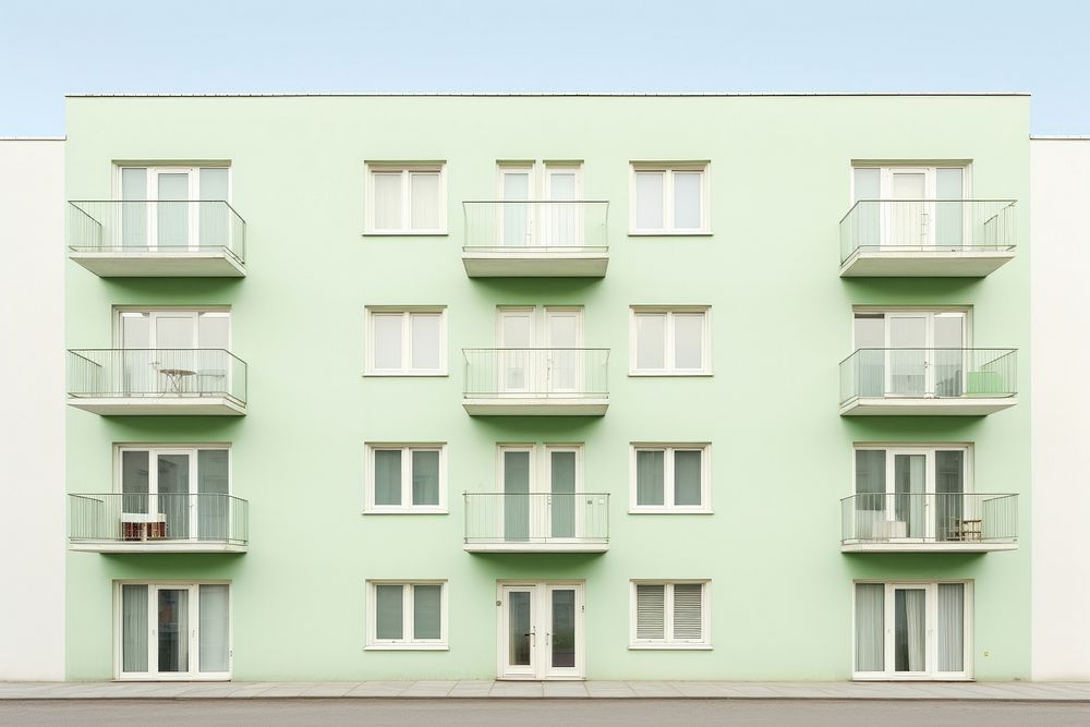 Green pastel color minimal apartment in sweden architecture building window.