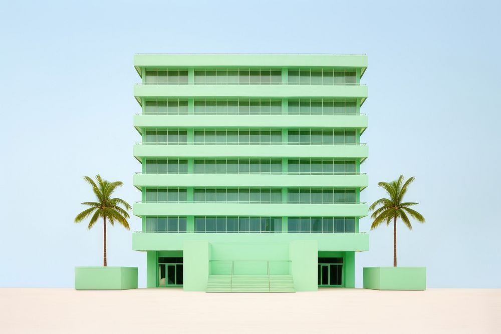 Green pastel color minimal cube hotel in singapore architecture building plant.