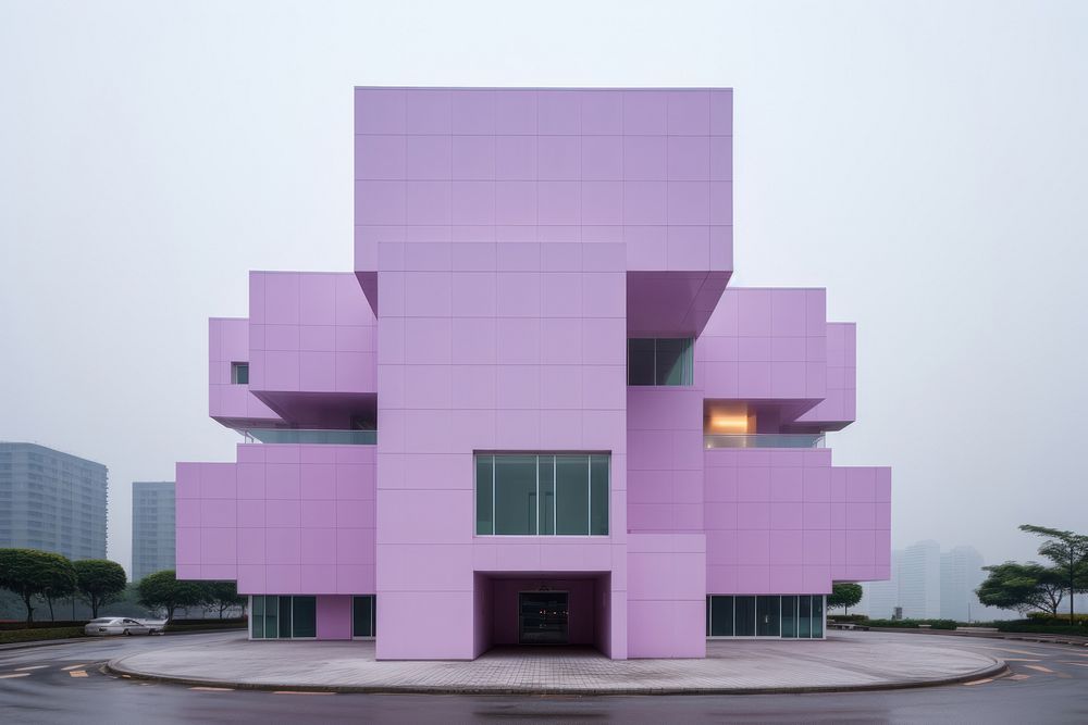 Purple pastel color minimal cube hotel in singapore architecture building house.