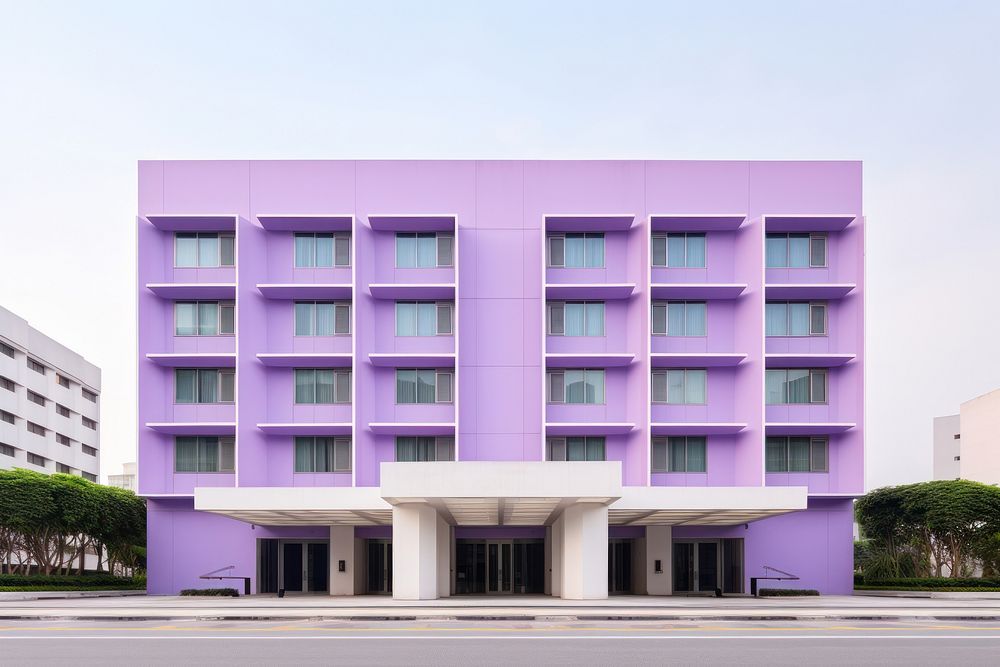 Purple pastel color minimal cube hotel in singapore architecture building city.