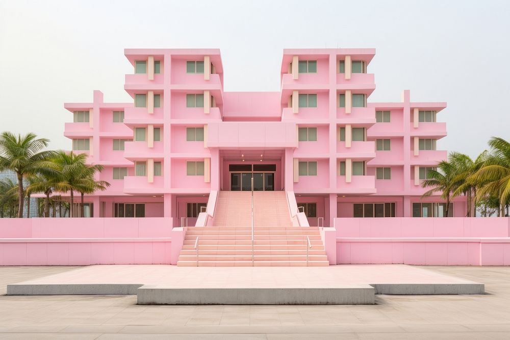 Pink pastel color minimal cube hotel in singapore architecture building resort.