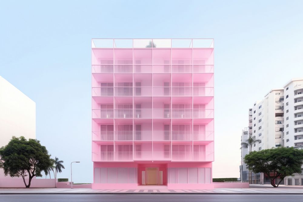 Pink pastel color minimal cube hotel in singapore architecture building city.