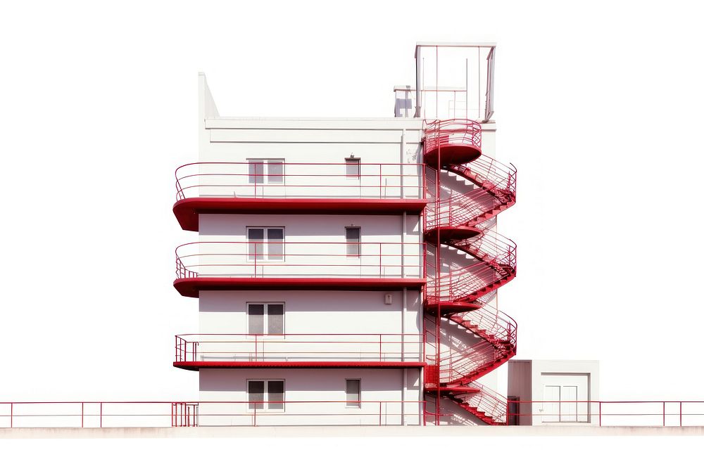 Red minimal fire escape of hotel architecture staircase building.