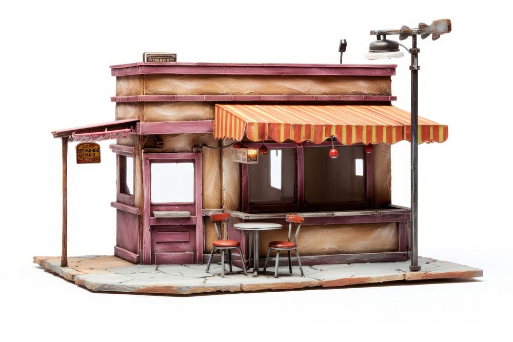 Tiny restaurant in western architecture table white background.