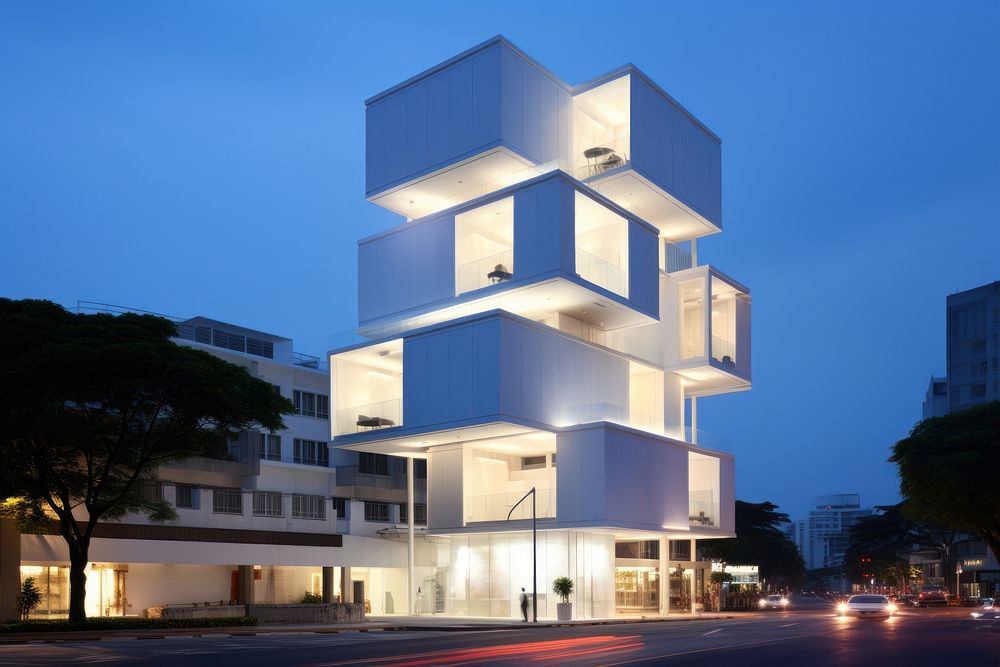 White contemporary minimal cube hotel in singapore architecture building street.