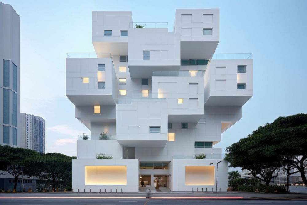 White contemporary minimal cube hotel in singapore architecture building city.