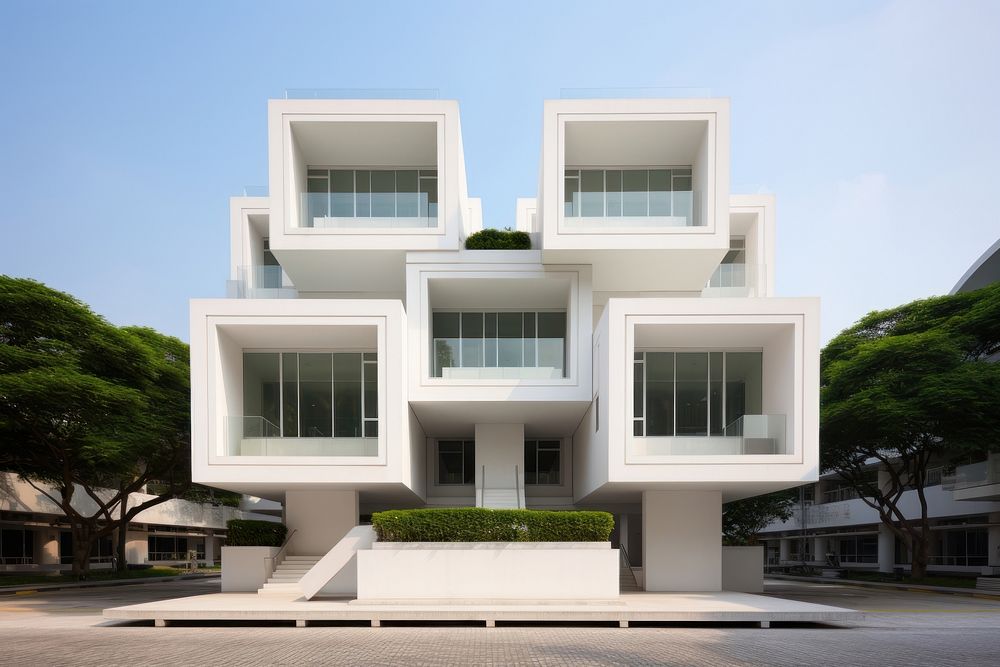 White contemporary minimal cube hotel in singapore architecture building house.