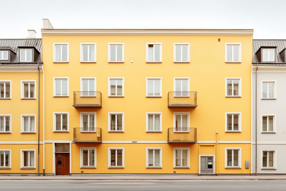 Yellow pastel color minimal apartment in sweden architecture building window.