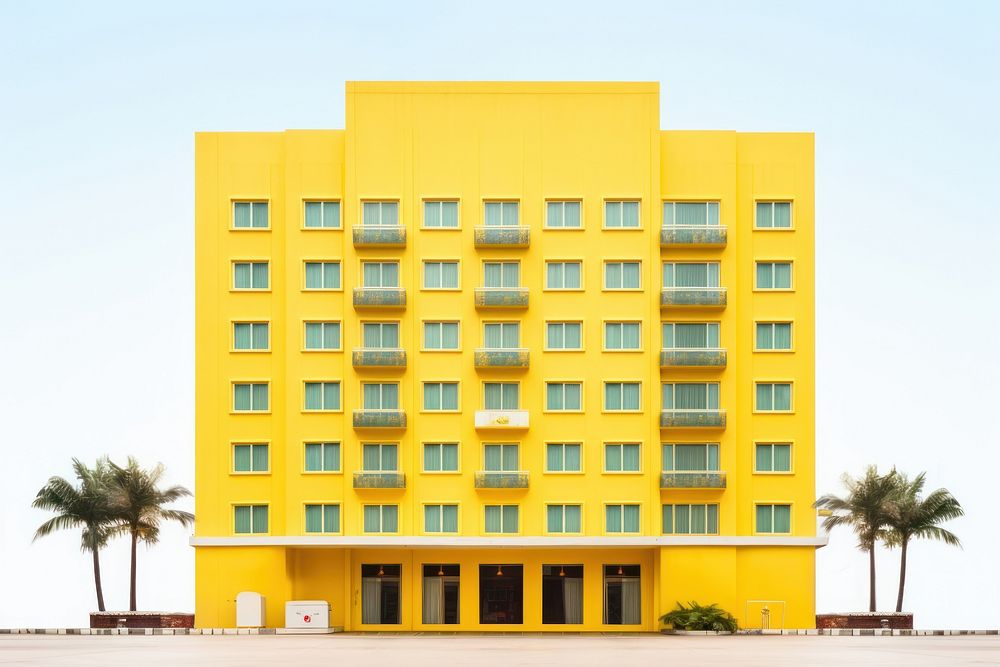 Yellow pastel color minimal cube hotel in singapore architecture building city.