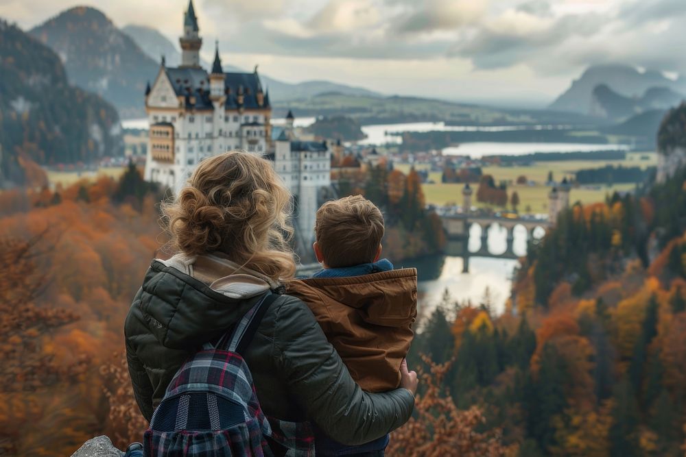 Mother and son travel to Germany castle architecture building.