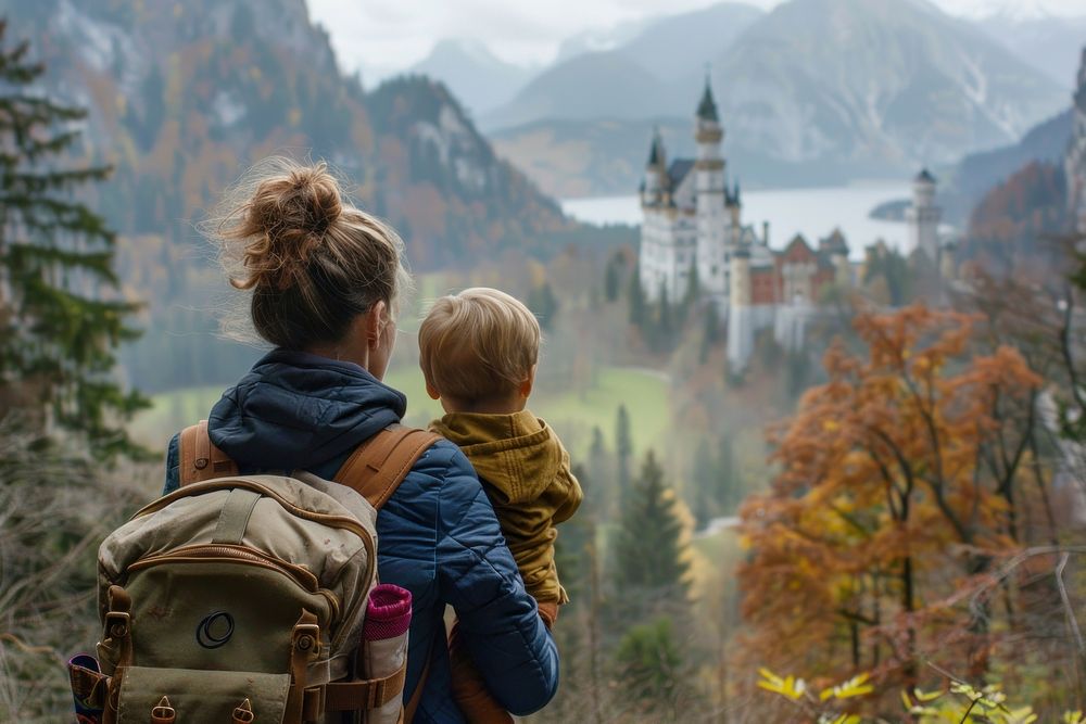 Mother and son travel to Germany architecture backpack building.