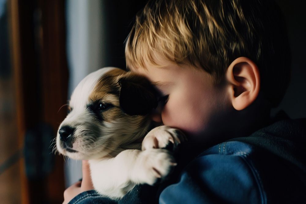 Boy holding a puppy photography portrait mammal.