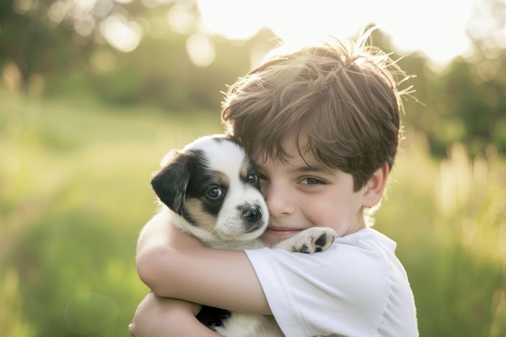 Boy holding a puppy photography portrait mammal.