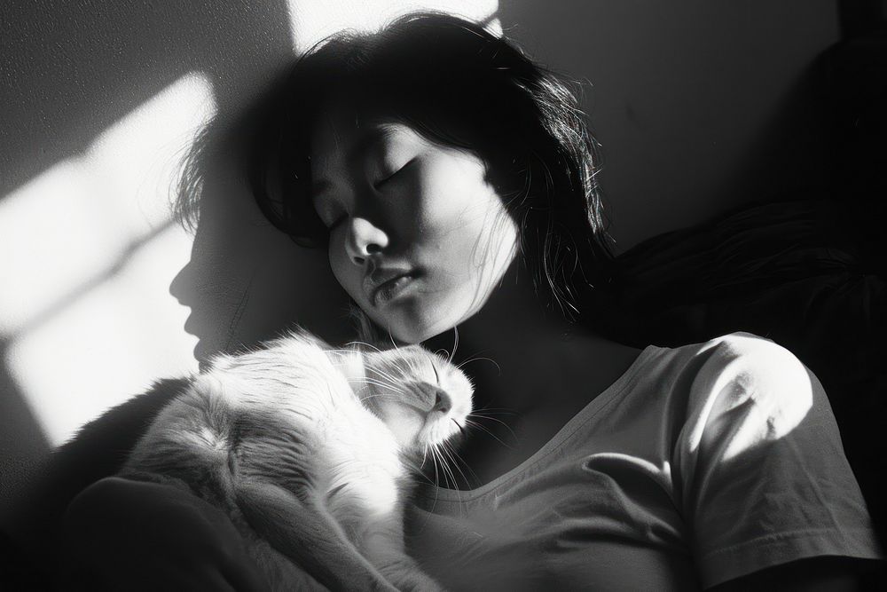 A girl cuddle a cat at home portrait mammal adult.