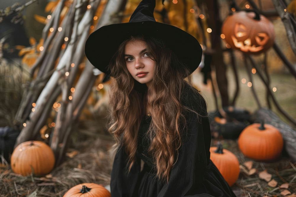 Girl dressed as a witch halloween adult jack-o'-lantern.