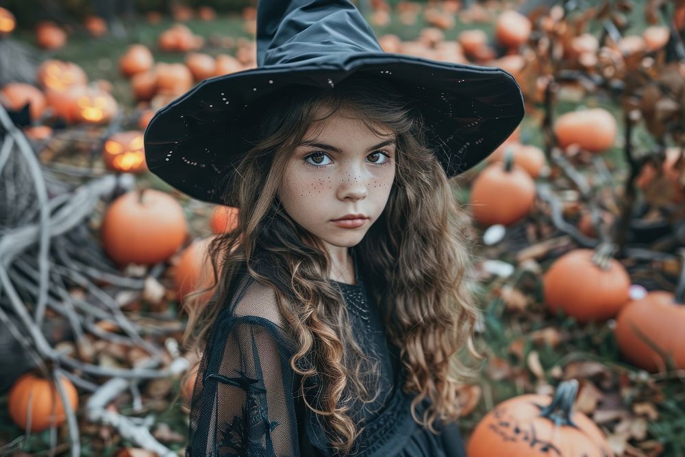 Girl dressed as a witch halloween plant jack-o'-lantern.